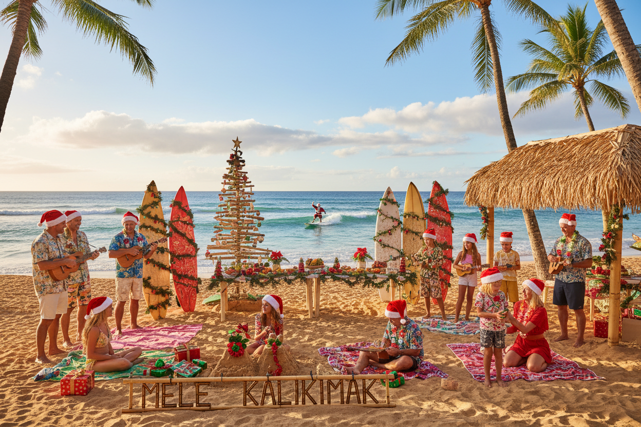 families at the beach for a Hawaiian Christmas celebration
